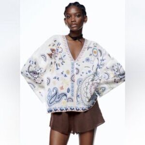 Zara Embroidered V-Neck Boho Top NWOT